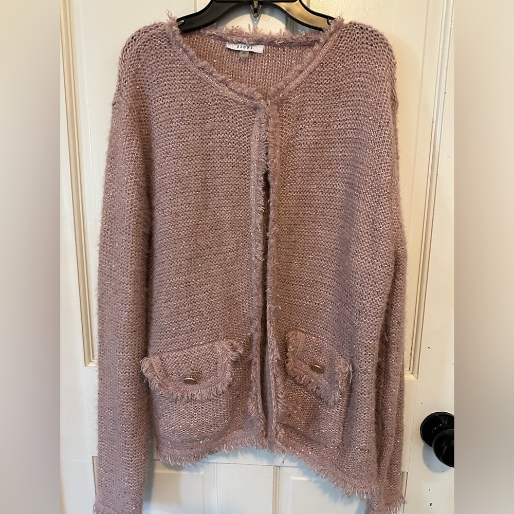 Sioni Women Pink Cardigan With Metallic Thread &‎ Fringe Hem Size XLARGE